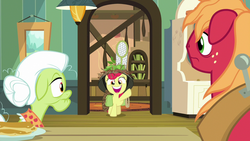 Size: 1280x720 | Tagged: safe, screencap, apple bloom, big macintosh, granny smith, earth pony, pony, g4, going to seed