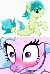 Size: 791x1155 | Tagged: safe, artist:cloudy glow, edit, edited screencap, screencap, sandbar, silverstream, classical hippogriff, hippogriff, seapony (g4), g4, uprooted, blushing, blushing profusely, close-up, cute, female, implied sandstream, implied shipping, implied straight, jewelry, looking up, male, movie accurate, necklace, nervous, reaction, sandabetes, seaponified, seapony sandbar, ship:sandstream, shipping, simple background, smiling, species swap, stare, straight, sweat, teenager, uh oh, unf, wide eyes