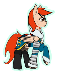 Size: 696x876 | Tagged: safe, oc, oc only, oc:sunset airlines, pegasus, pony, armor, boots, clothes, ear fluff, eyepatch, eyeshadow, makeup, scar, shoes, simple background, solo, uniform, white background
