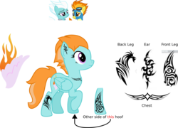 Size: 2892x2084 | Tagged: safe, artist:littlejurnalina, fleetfoot, spitfire, oc, oc:nova blaze, pegasus, pony, icey-verse, g4, clothes, female, fleetfire, goggles, high res, jacket, lesbian, magical lesbian spawn, mare, offspring, parent:fleetfoot, parent:spitfire, parents:fleetfire, raised hoof, screencap reference, shipping, show accurate, simple background, tattoo, transparent background, uniform, wonderbolts uniform