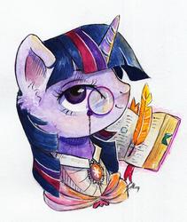 Size: 1024x1216 | Tagged: safe, artist:lailyren, twilight sparkle, pony, g4, book, brooch, clothes, female, mare, mixed media, monocle, quill, shawl, simple background, solo, sticker, teacher, traditional art, white background
