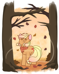 Size: 2000x2500 | Tagged: safe, artist:glitterstar2000, applejack, earth pony, pony, g4, autumn, clothes, cute, ear fluff, eyes closed, female, hatless, high res, jackabetes, leaf, leaves, mare, missing accessory, scarf, solo, tree, wind, windswept mane