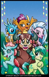 Size: 600x940 | Tagged: safe, artist:marybellamy, gallus, ocellus, sandbar, silverstream, smolder, yona, changedling, changeling, classical hippogriff, dragon, earth pony, griffon, hippogriff, pony, yak, g4, blushing, bow, cloven hooves, cute, diaocelles, diastreamies, dragoness, female, gallabetes, hair bow, jewelry, looking at you, male, monkey swings, necklace, sandabetes, smolderbetes, stallion, student six, teenager, yonadorable