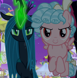 Size: 714x720 | Tagged: safe, screencap, cozy glow, lord tirek, queen chrysalis, changeling, changeling queen, pegasus, pony, g4, the summer sun setback, cropped, duo focus, female, glowing horn, horn, legion of doom, looking at you