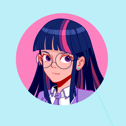 Size: 3600x3600 | Tagged: safe, artist:uncle wen, twilight sparkle, human, g4, abstract background, bust, cute, ear piercing, earring, female, glasses, high res, humanized, jewelry, necktie, piercing, pixiv, portrait, solo, twiabetes
