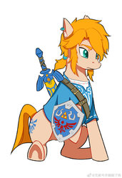 Size: 690x1007 | Tagged: safe, artist:uncle wen, earth pony, pony, clothes, ear fluff, ear piercing, earring, jewelry, link, male, piercing, ponified, shield, simple background, solo, stallion, sword, the legend of zelda, the legend of zelda: breath of the wild, weapon, white background