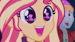 Size: 1280x720 | Tagged: safe, screencap, fry lilac, sunset shimmer, equestria girls, equestria girls series, g4, sunset's backstage pass!, spoiler:eqg series (season 2), backstage pass, close-up, cute, eye reflection, female, happy, k-lo, logo, reflection, shimmerbetes, smiling, su-z, wide eyes