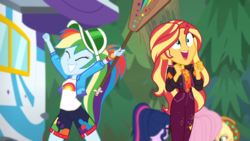 Size: 1280x720 | Tagged: safe, screencap, applejack, fluttershy, rainbow dash, sci-twi, sunset shimmer, twilight sparkle, equestria girls, equestria girls series, g4, sunset's backstage pass!, spoiler:eqg series (season 2), accidental innuendo, accidental spanking, backstage pass, female, grin, happy, logo, paddle, smiling