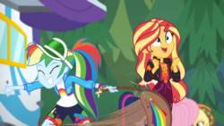 Size: 1280x720 | Tagged: safe, screencap, applejack, fluttershy, rainbow dash, sci-twi, sunset shimmer, twilight sparkle, equestria girls, equestria girls specials, g4, my little pony equestria girls: better together, my little pony equestria girls: sunset's backstage pass, accidental spanking, backstage pass, female, grin, happy, logo, out of context, paddle, rainbow dash's paddle, smiling