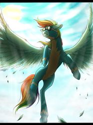 Size: 1024x1366 | Tagged: safe, artist:bootsdotexe, rainbow dash, pegasus, pony, g4, clothes, female, flying, goggles, mare, solo, spread wings, uniform, wings, wonderbolts, wonderbolts uniform