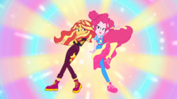 Size: 1280x720 | Tagged: safe, screencap, pinkie pie, sunset shimmer, equestria girls, equestria girls series, g4, sunset's backstage pass!, spoiler:eqg series (season 2), backstage pass, bracelet, clothes, dress, female, jewelry, lidded eyes, open mouth, pose, shoes, sneakers