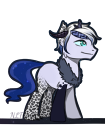 Size: 400x476 | Tagged: safe, artist:nightmarelunafan, oc, oc only, oc:prince orion, hybrid, blank flank, chest fluff, draconequus hybrid, ethereal tail, horns, interspecies offspring, male, offspring, parent:discord, parent:princess luna, parents:lunacord, pony hybrid, simple background, solo, spots, transparent background