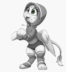 Size: 2067x2257 | Tagged: safe, artist:pabbley, gabby, griffon, g4, bipedal, clothes, cute, female, gabbybetes, happy, high res, hoodie, leg warmers, partial color, shorts, simple background, socks, solo, white background