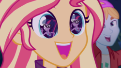 Size: 600x338 | Tagged: safe, edit, edited screencap, screencap, fry lilac, sci-twi, sunset shimmer, twilight sparkle, equestria girls, equestria girls series, forgotten friendship, g4, sunset's backstage pass!, spoiler:eqg series (season 2), backstage pass, clothes, cute, eye reflection, female, happy, lesbian, logo, reflection, shimmerbetes, ship:sci-twishimmer, ship:sunsetsparkle, shipping, smiling, swimsuit, twiabetes, wide eyes
