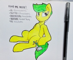 Size: 2199x1807 | Tagged: safe, artist:perezadotarts, oc, oc:pen sketchy, earth pony, pony, belly, cutie mark, drawing, pencil, phone, photo, simple background, sitting, solo, text, traditional art, yellow