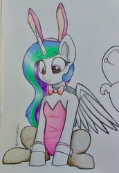 Size: 1737x2532 | Tagged: safe, artist:perezadotarts, pinkie pie, princess celestia, alicorn, pony, g4, adorasexy, bowtie, bunny ears, bunny suit, bunnylestia, clothes, colored, cuffs (clothes), cute, drawing, female, fishnet stockings, leotard, mare, pantyhose, paper, photo, pink leotard, playboy bunny, sexy, sitting, solo focus, tongue out, traditional art, wings