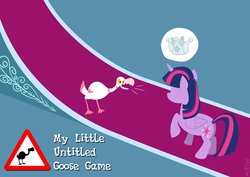 Size: 1200x848 | Tagged: safe, artist:kturtle, twilight sparkle, alicorn, bird, goose, pony, g4, sparkle's seven, butt, crossover, crown, female, hard-won helm of the sibling supreme, mare, parody, plot, twilight sparkle (alicorn), untitled goose game