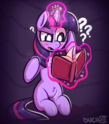 Size: 712x811 | Tagged: safe, artist:duckoiii, twilight sparkle, pony, g4, abstract background, anatomically incorrect, book, chest fluff, confused, incorrect leg anatomy, levitation, magic, question mark, solo, telekinesis, white pupils