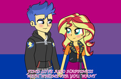 Size: 1269x824 | Tagged: safe, artist:chuyryu, flash sentry, sunset shimmer, equestria girls, equestria girls series, g4, bisexual, bisexual pride flag, duo, female, geode of empathy, magical geodes, male, pride, ship:flashimmer, shipping, straight, sunset shimmer is bisexual