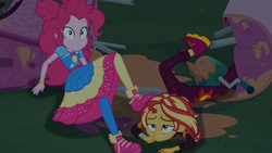 Size: 1920x1080 | Tagged: safe, screencap, pinkie pie, sunset shimmer, equestria girls, equestria girls series, g4, sunset's backstage pass!, spoiler:eqg series (season 2), ass, batter, boots, bunset shimmer, butt, clothes, destruction, duo, duo female, female, food, food cart, geode of sugar bombs, magical geodes, music festival outfit, night, outdoors, pantyhose, property damage, puffed pastry's churro stand, shoes, sneakers, wide eyes