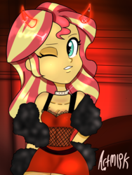 Size: 1536x2048 | Tagged: safe, artist:artmlpk, sunset shimmer, equestria girls, g4, clothes, costume, cute, devil horns, female, fishnet stockings, halloween, holiday, one eye closed, recreation, solo, wink