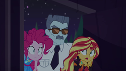 Size: 1920x1080 | Tagged: safe, screencap, max steele, pinkie pie, sunset shimmer, equestria girls, equestria girls series, g4, sunset's backstage pass!, spoiler:eqg series (season 2), female, male, necktie, night, outdoors, security guard, shrunken pupils, sunglasses, wide eyes