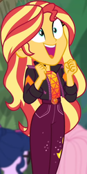 Size: 312x621 | Tagged: safe, screencap, fluttershy, sci-twi, sunset shimmer, twilight sparkle, equestria girls, equestria girls series, g4, sunset's backstage pass!, spoiler:eqg series (season 2), accidental spanking, blurry background, clothes, cropped, cute, female, geode of empathy, grin, happy, jacket, magical geodes, shimmerbetes, shrunken pupils, smiling, solo focus