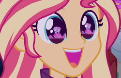 Size: 1109x720 | Tagged: safe, screencap, fry lilac, kiwi lollipop, sunset shimmer, supernova zap, equestria girls, equestria girls specials, g4, my little pony equestria girls: better together, my little pony equestria girls: sunset's backstage pass, cute, eye reflection, eyes closed, female, grin, happy, holding hands, k-lo, raised eyebrows, reflection, shimmerbetes, smiling, smoke, su-z