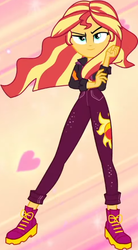 Size: 324x585 | Tagged: safe, screencap, sunset shimmer, equestria girls, equestria girls specials, g4, my little pony equestria girls: better together, my little pony equestria girls: sunset's backstage pass, abstract background, clothes, cropped, cute, female, jacket, lidded eyes, looking at you, pose, raised eyebrow, sexy, shimmerbetes, shoes, smiling, smirk, solo