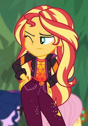 Size: 630x902 | Tagged: safe, screencap, applejack, fluttershy, sci-twi, sunset shimmer, twilight sparkle, equestria girls, equestria girls specials, g4, my little pony equestria girls: better together, my little pony equestria girls: sunset's backstage pass, butt touch, clothes, cropped, female, geode of empathy, hand on butt, jacket, magical geodes, one eye closed, solo focus