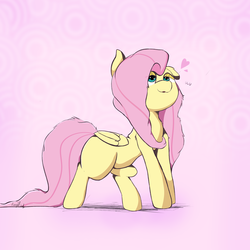 Size: 2500x2500 | Tagged: safe, artist:rainyvisualz, fluttershy, pegasus, pony, g4, abstract background, female, folded wings, heart, high res, lidded eyes, looking up, mare, missing cutie mark, solo, standing, wings