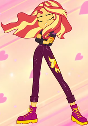 Size: 411x588 | Tagged: safe, screencap, sunset shimmer, equestria girls, equestria girls specials, g4, my little pony equestria girls: better together, my little pony equestria girls: sunset's backstage pass, abstract background, clothes, cropped, crossed arms, cute, eyes closed, female, grin, jacket, pose, sexy, shimmerbetes, smiling, solo