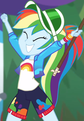 Size: 434x621 | Tagged: safe, screencap, rainbow dash, equestria girls, equestria girls series, g4, sunset's backstage pass!, spoiler:eqg series (season 2), cap, clothes, cropped, cute, dashabetes, eyes closed, female, grin, hat, jacket, rainbow, raised arms, shirt, shorts, smiling, solo, t-shirt, wristband