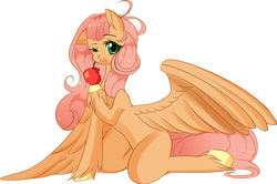 Size: 1424x945 | Tagged: safe, artist:clefficia, oc, oc only, oc:sunshine apple shy, pegasus, pony, apple, blank flank, eating, female, food, freckles, herbivore, kneeling, mare, offspring, one eye closed, one wing out, parent:big macintosh, parent:fluttershy, parents:fluttermac, simple background, solo, unshorn fetlocks, white background, wings