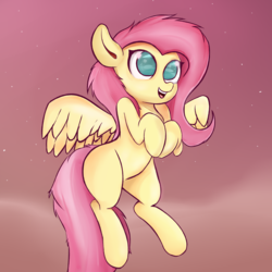 Size: 2500x2500 | Tagged: safe, artist:rainyvisualz, fluttershy, pegasus, pony, g4, cute, female, flying, high res, hooves to the chest, mare, missing cutie mark, no pupils, open mouth, shyabetes, smiling, solo, spread wings, three quarter view, wings
