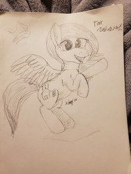 Size: 4032x3024 | Tagged: safe, artist:kalashnikitty, oc, oc only, oc:flugel, pegasus, pony, black and white, female, grayscale, happy, horse taxes, mare, monochrome, sketch, solo, taxes, traditional art
