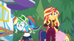 Size: 600x338 | Tagged: safe, screencap, applejack, fluttershy, rainbow dash, sci-twi, sunset shimmer, twilight sparkle, equestria girls, equestria girls series, g4, sunset's backstage pass!, spoiler:eqg series (season 2), accidental innuendo, accidental spanking, animated, backstage pass, female, grin, happy, logo, near miss, out of context, paddle, slapstick, smiling