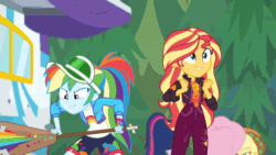 Size: 600x338 | Tagged: safe, edit, edited screencap, screencap, applejack, fluttershy, rainbow dash, sci-twi, sunset shimmer, twilight sparkle, equestria girls, equestria girls specials, g4, my little pony equestria girls: better together, my little pony equestria girls: sunset's backstage pass, accidental innuendo, accidental spanking, animated, backstage pass, female, grin, happy, logo, loop, out of context, paddle, rainbow dash's paddle, reversed, slapstick, smiling, spanking