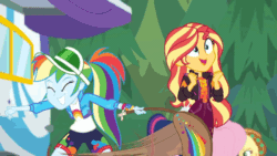 Size: 600x338 | Tagged: safe, screencap, applejack, fluttershy, rainbow dash, sci-twi, sunset shimmer, twilight sparkle, equestria girls, equestria girls series, g4, sunset's backstage pass!, spoiler:eqg series (season 2), accidental innuendo, accidental spanking, animated, backstage pass, female, grin, happy, out of context, outdoors, paddle, rainbow dash's paddle, rv, slapstick, smiling, uh i can explain
