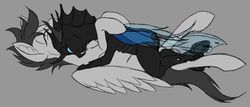 Size: 1024x437 | Tagged: safe, artist:ravvij, oc, oc:ravvij, oc:skitter, changeling, insect, pegasus, pony, chitin, cuddling, cute, eye, eyes, fangs, feather, female, gray background, head fin, hooves, horn, hug, male, mane, mare, membranous hair, membranous head fin, membranous wings, simple background, snuggling, stallion, tail, wings