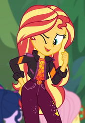Size: 631x907 | Tagged: safe, screencap, applejack, fluttershy, sci-twi, sunset shimmer, twilight sparkle, equestria girls, equestria girls series, sunset's backstage pass!, spoiler:eqg series (season 2), butt touch, clothes, cropped, cute, female, geode of empathy, hand on butt, jacket, looking at you, magical geodes, one eye closed, shimmerbetes, smiling, solo focus, wink