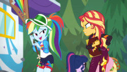 Size: 1280x720 | Tagged: safe, screencap, applejack, fluttershy, rainbow dash, sci-twi, sunset shimmer, twilight sparkle, equestria girls, equestria girls specials, g4, my little pony equestria girls: better together, my little pony equestria girls: sunset's backstage pass, accidental innuendo, accidental spanking, backstage pass, clothes, cute, dashabetes, embarrassed, female, grin, jacket, outdoors, paddle, rainbow dash's paddle, rv, smiling