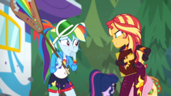 Size: 1280x720 | Tagged: safe, screencap, applejack, fluttershy, rainbow dash, sci-twi, sunset shimmer, twilight sparkle, equestria girls, equestria girls series, g4, sunset's backstage pass!, spoiler:eqg series (season 2), accidental innuendo, accidental spanking, backstage pass, cute, dashabetes, embarrassed, female, grin, paddle, rainbow dash's paddle, smiling