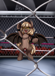 Size: 2550x3509 | Tagged: safe, artist:pridark, oc, oc only, oc:gilded oak, bat pony, pony, bat pony oc, blood, boxing ring, cage, commission, crowd, dialogue, female, high res, looking at you, nosebleed, open mouth, solo, wwe