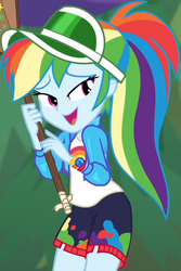 Size: 396x594 | Tagged: safe, screencap, rainbow dash, equestria girls, equestria girls specials, g4, my little pony equestria girls: better together, my little pony equestria girls: sunset's backstage pass, accidental spanking, cap, chuckle, clothes, cropped, cute, dashabetes, embarrassed, female, geode of super speed, hat, jacket, lidded eyes, magical geodes, paddle, rainbow, rainbow dash's paddle, shirt, shorts, smiling, solo, sunset's paddling, t-shirt