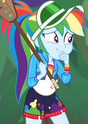 Size: 412x576 | Tagged: safe, screencap, rainbow dash, equestria girls, equestria girls specials, g4, my little pony equestria girls: better together, my little pony equestria girls: sunset's backstage pass, accidental spanking, cap, clothes, cropped, cute, dashabetes, embarrassed, female, geode of super speed, grin, hat, jacket, magical geodes, paddle, rainbow, shirt, shorts, smiling, solo, sorry, t-shirt