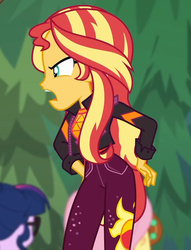 Size: 697x912 | Tagged: safe, screencap, applejack, fluttershy, sci-twi, sunset shimmer, twilight sparkle, equestria girls, equestria girls specials, g4, my little pony equestria girls: better together, my little pony equestria girls: sunset's backstage pass, angry, clothes, cropped, female, jacket, music festival outfit, open mouth, outdoors, solo focus
