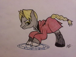 Size: 900x675 | Tagged: safe, artist:artmaniacmaster, pony, crossover, edward elric, fullmetal alchemist, ponified, simple background, solo, traditional art
