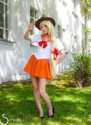 Size: 764x1046 | Tagged: safe, artist:annemcosplay, applejack, human, g4, clothes, cosplay, costume, irl, irl human, photo, sailor moon (series), sailor senshi