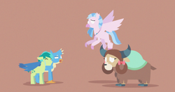 Size: 4246x2235 | Tagged: safe, artist:gd_inuk, gallus, sandbar, silverstream, yona, classical hippogriff, earth pony, griffon, hippogriff, pony, yak, g4, blank eyes, bow, brown background, caption this, cloven hooves, concerned, consoling, crying, empty eyes, female, flying, hair bow, jewelry, lineless, male, monkey swings, necklace, no mouth, no pupils, sad, simple background, wing hold, wings